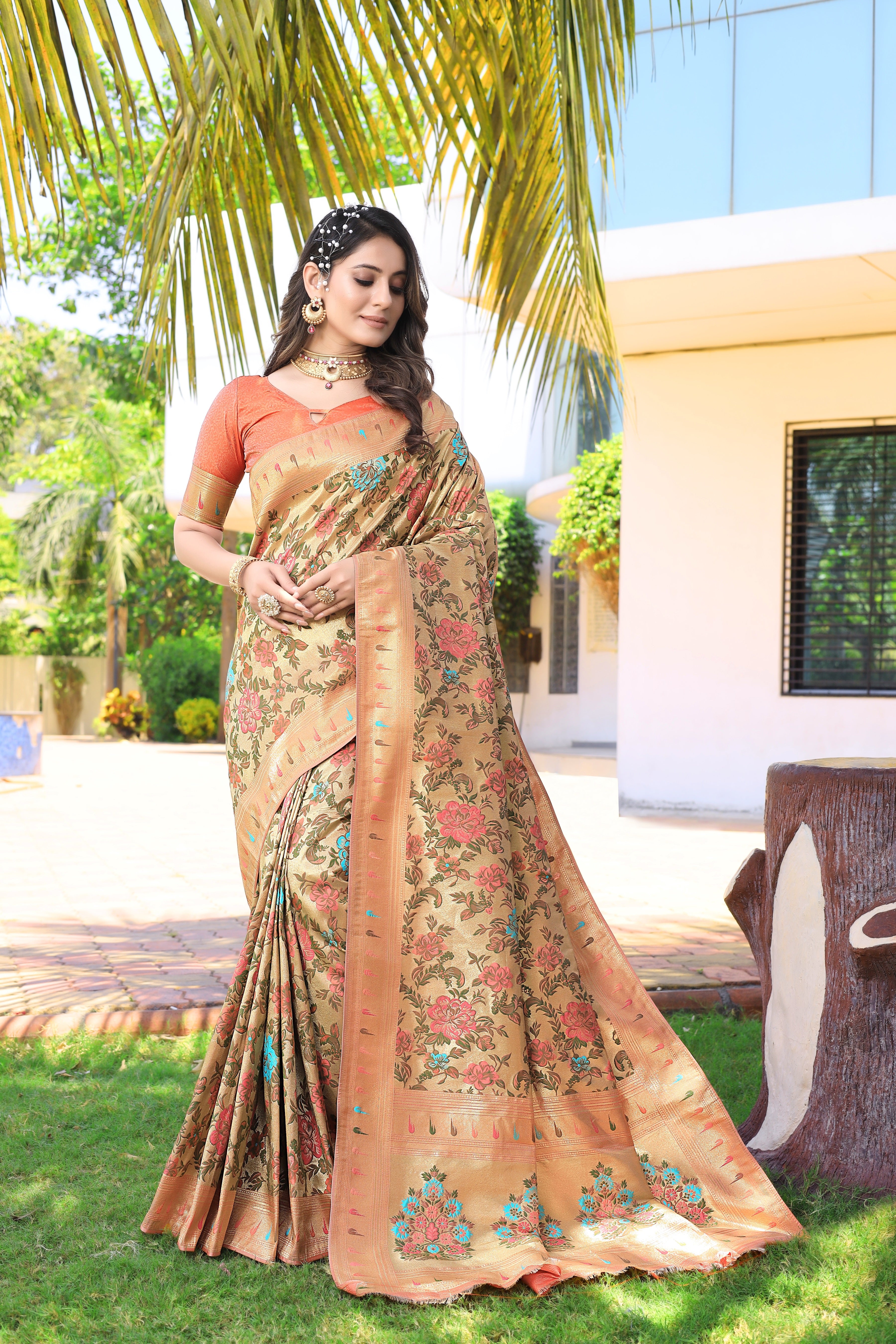 YELLOW PAITHANI SAREE WITH DESIGNER BLOUSE AND UNIQUE LATKANS-OM001PS –  www.soosi.co.in