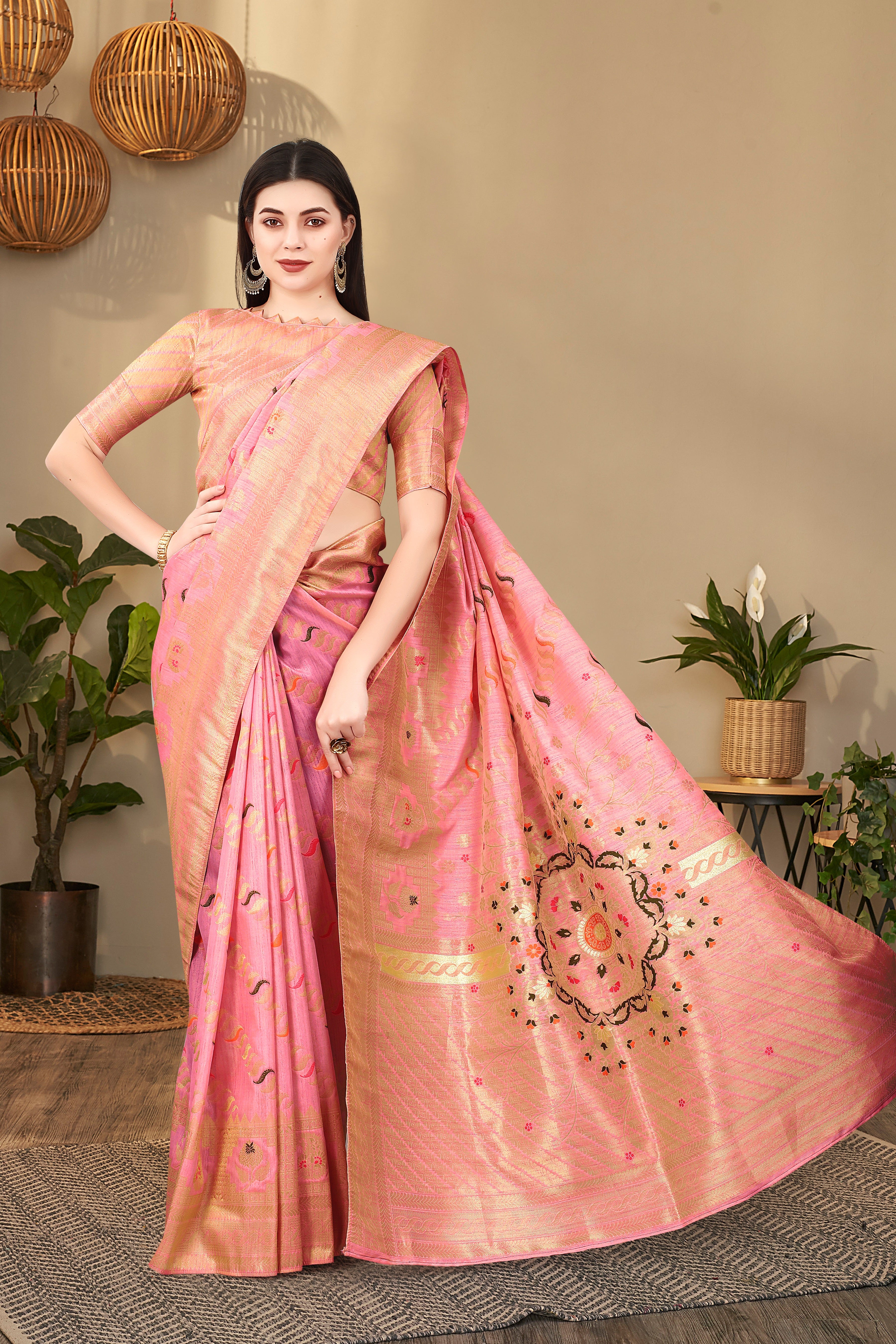 Shop Pink designer Chanderi Sarees for Women Online | Aza Fashions